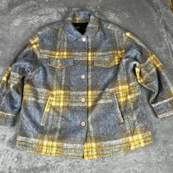 Zara Wool Blend Shirt Jacket Womens Medium Gray Yellow Oversized Button Shacket - Picture 1 of 12
